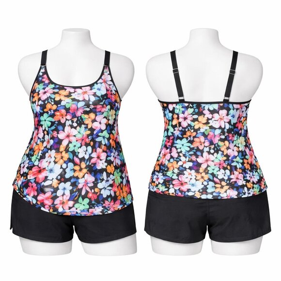 22W Plus Size Flowy Floral Tankini w High Waist Black Shorts NWT - Picture 2 of 2